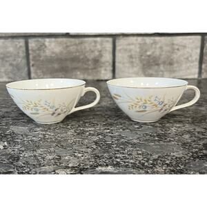 2 Vintage Fine China of Japan Autumn Wheat Flat Cups Yellow Wheat Blue Flowers